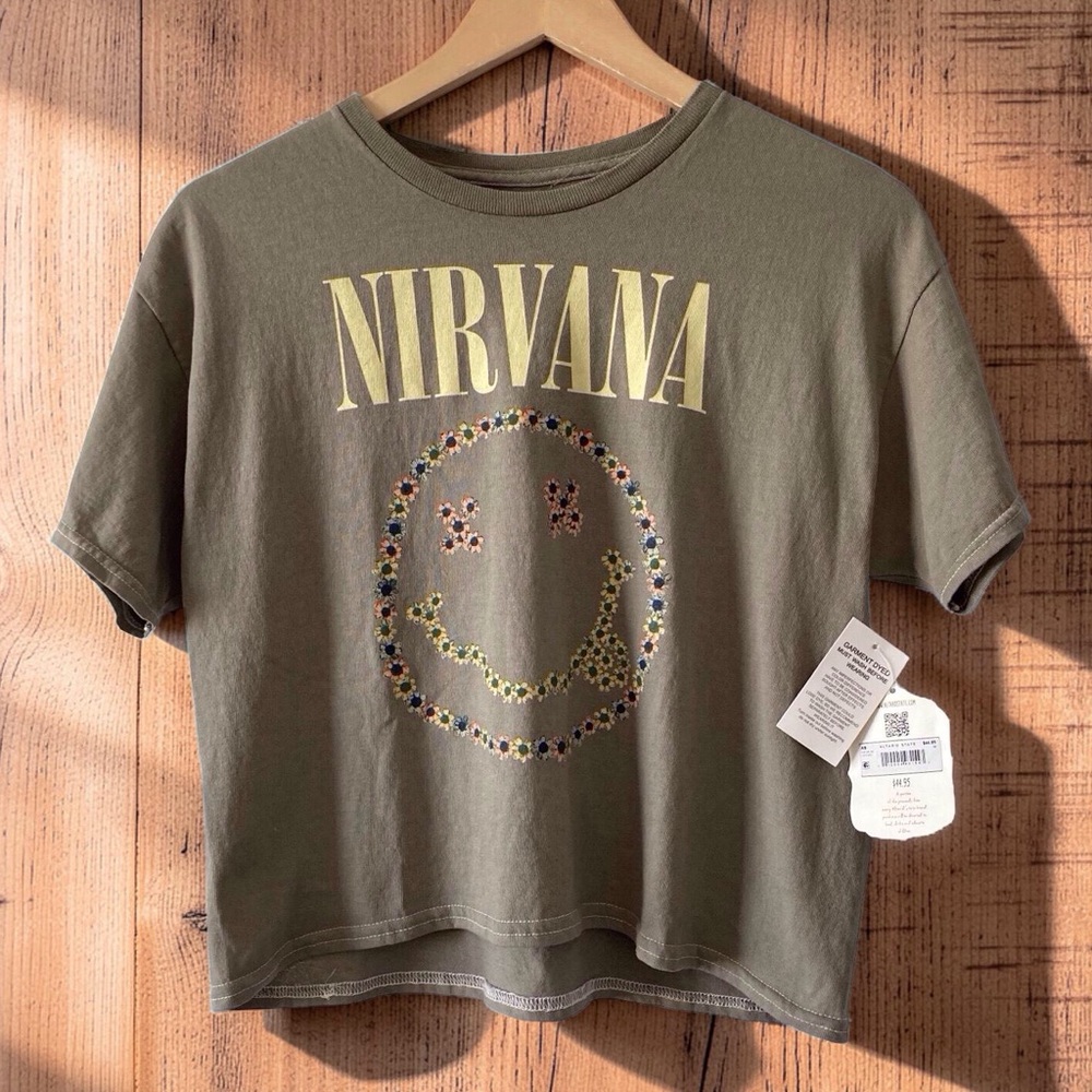 Altar'd State Nirvana Floral Smiley Garment Dyed Graphic Tee Olive NWT Size M